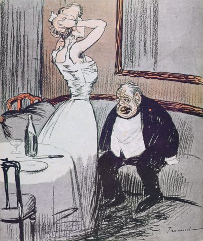 Prostituierte und ein alter Mann aus der Zeitschrift LAssiette Au Beurre, veröffentlicht 1907 von Tiamirol